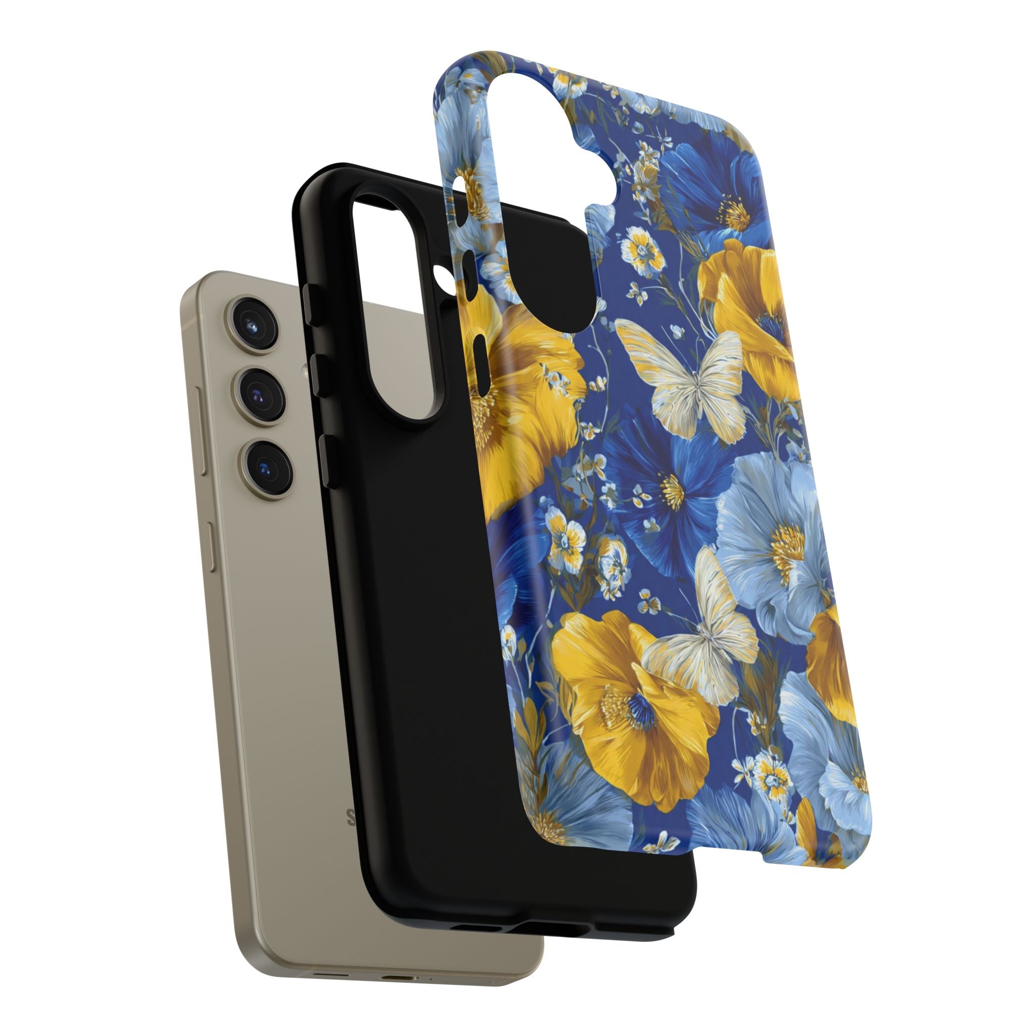 Floral Butterflies Phone Case — Blue & Yellow Tough Protective Cover