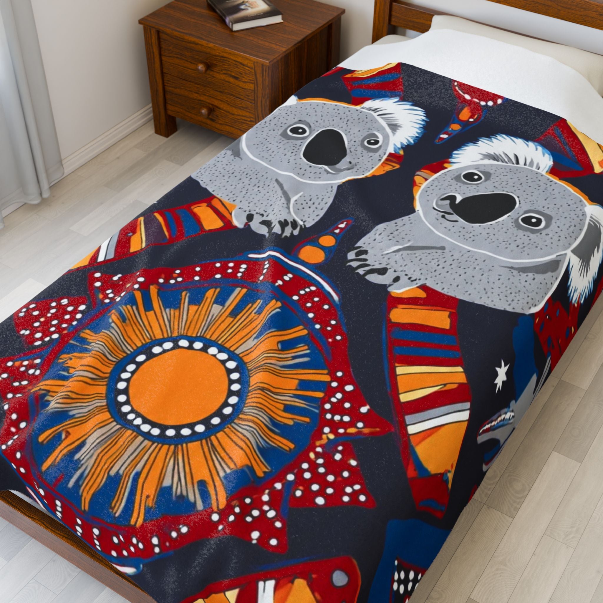 Koala & Sun Velveteen Plush Blanket — Australian Aboriginal Inspired Cozy Throw