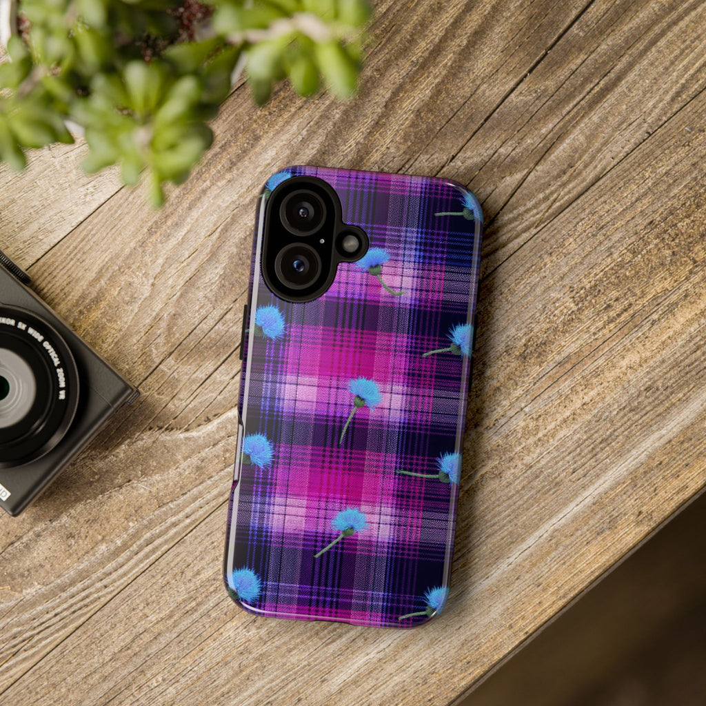 Purple Plaid Blue Thistle Tartan Phone Case — Floral Plaid Protective iPhone Cover