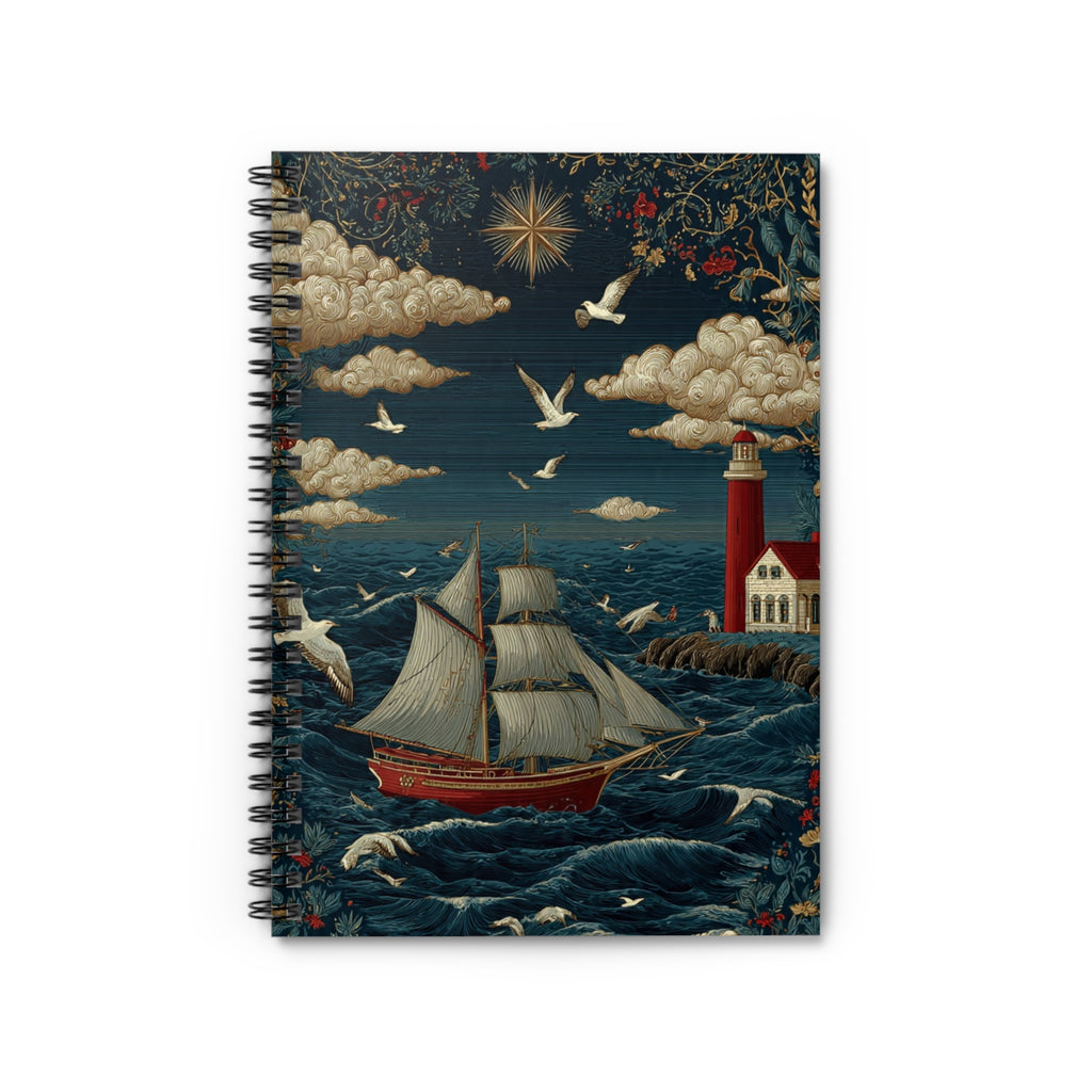 Nautical Lighthouse Spiral Notebook — Sailing Ship Journal, Seagulls & Star Cover