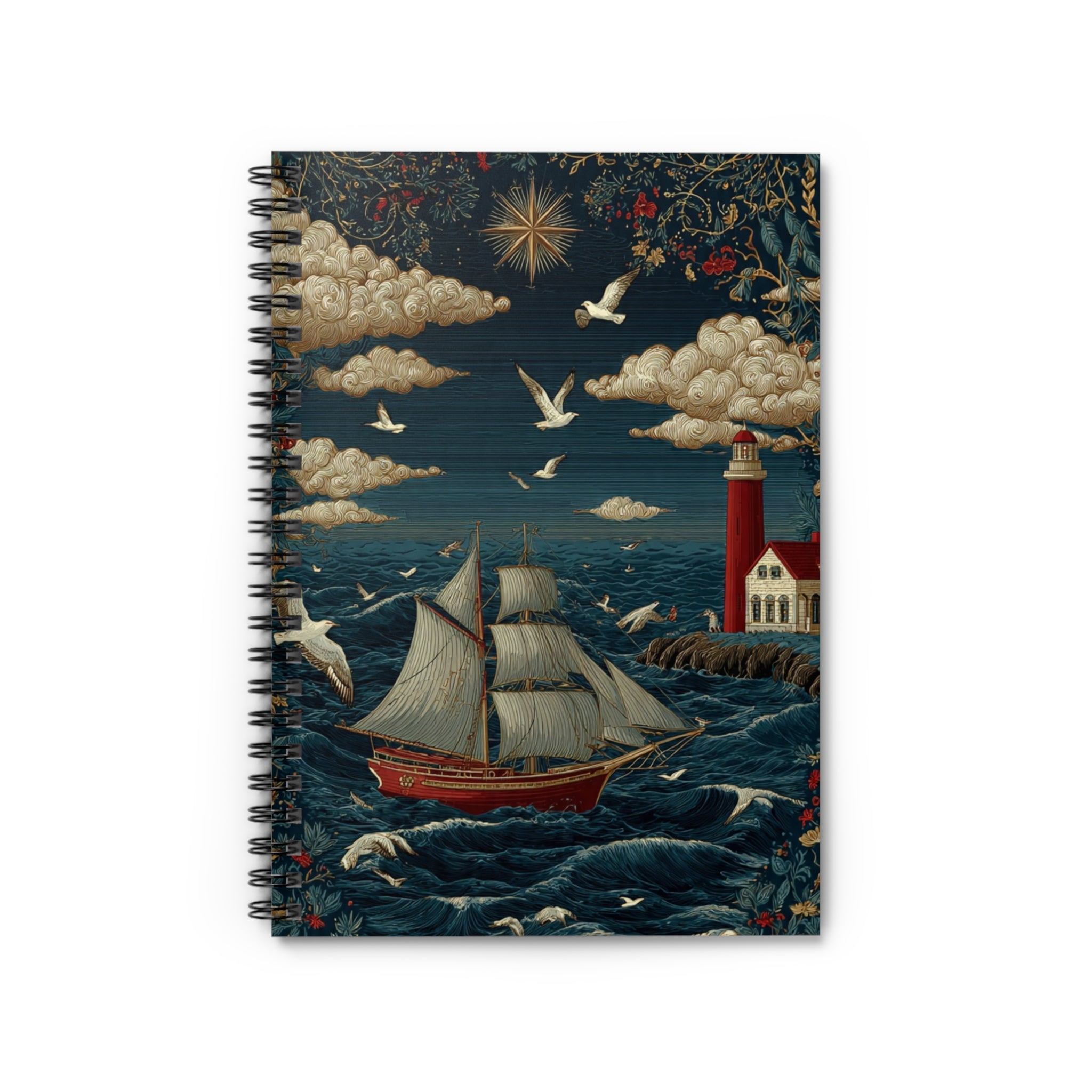 Nautical Lighthouse Spiral Notebook — Sailing Ship Journal, Seagulls & Star Cover