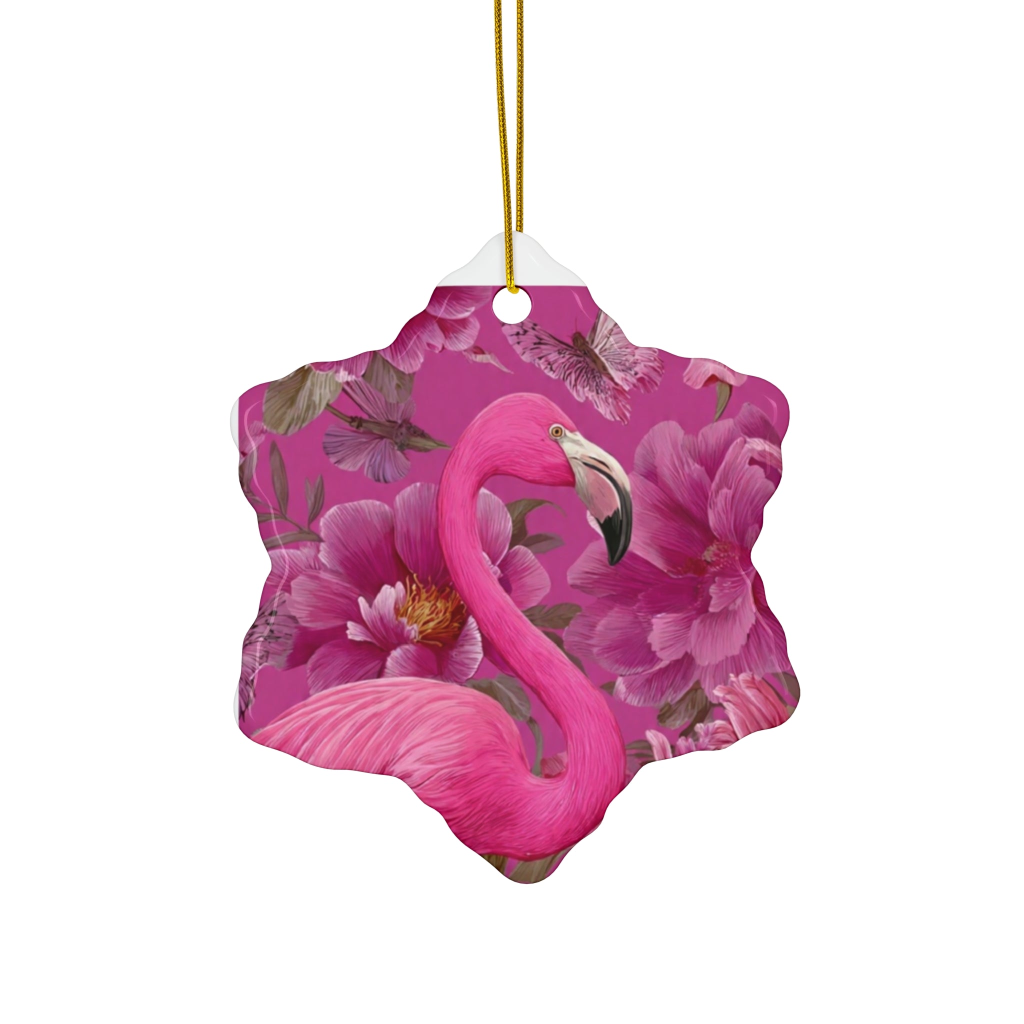 Pink Flamingo Ceramic Ornament — Star-Shaped Holiday Decoration