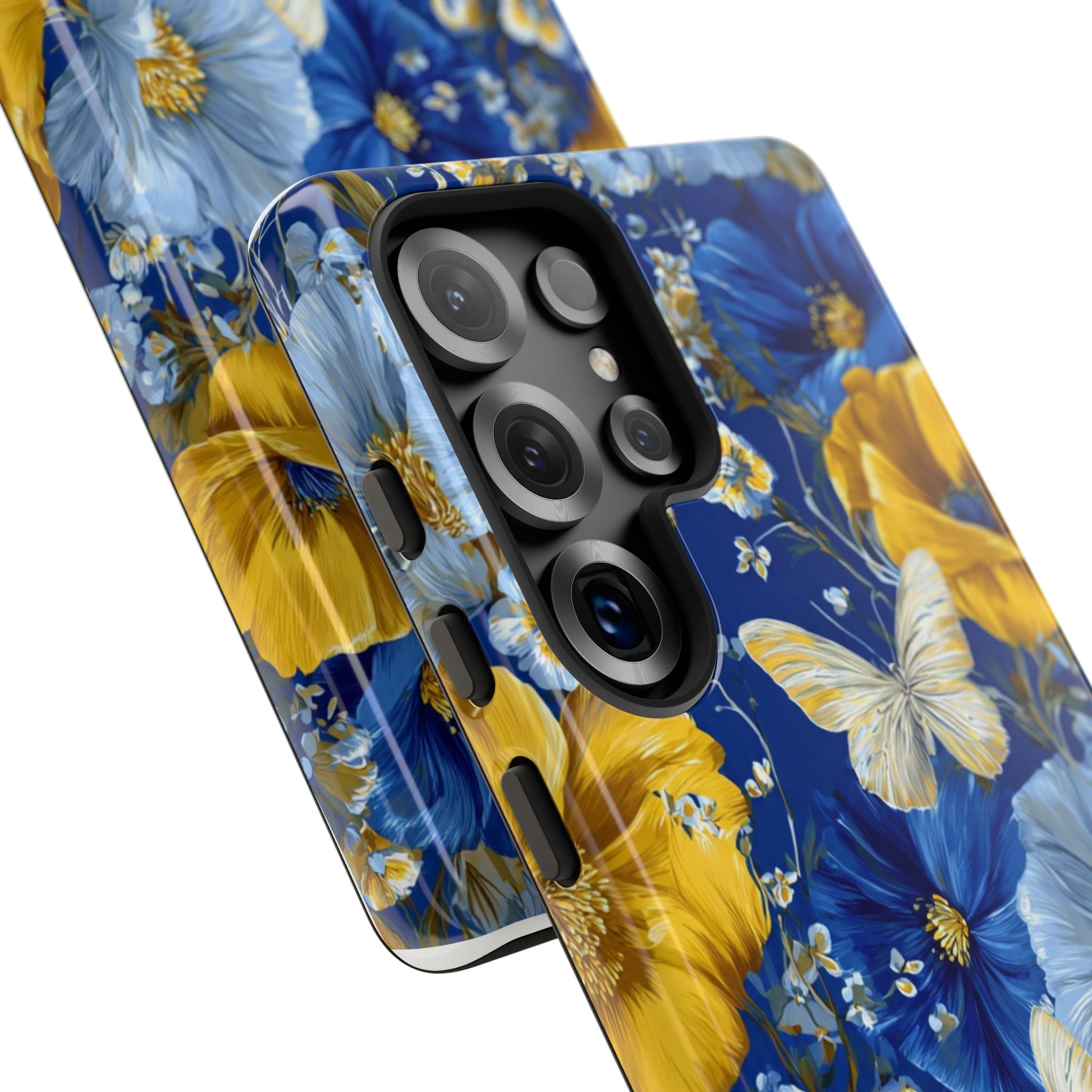 Floral Butterflies Phone Case — Blue & Yellow Tough Protective Cover