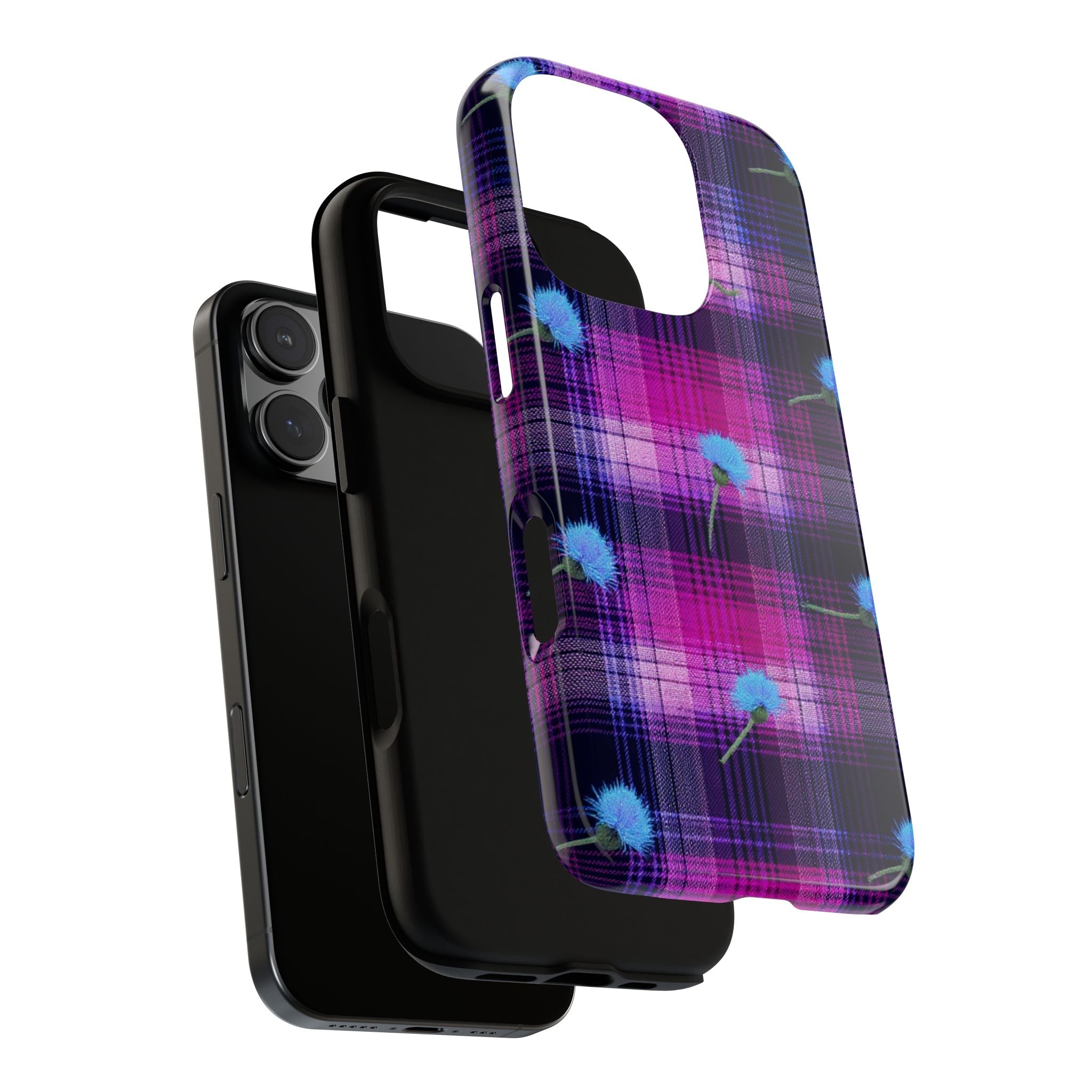 Purple Plaid Blue Thistle Tartan Phone Case — Floral Plaid Protective iPhone Cover