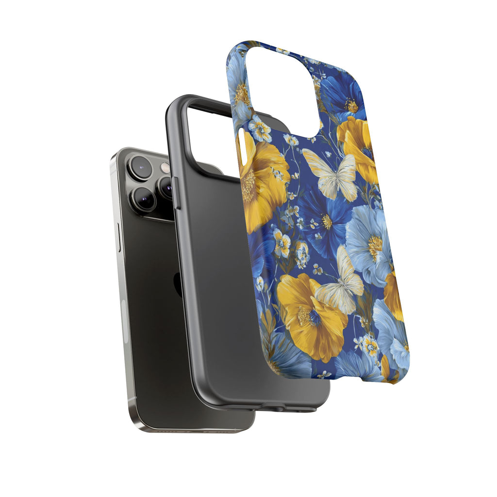 Floral Butterflies Phone Case — Blue & Yellow Tough Protective Cover